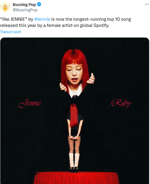 Jennie of BLACKPINK Becomes the First K-Pop Artist with Multiple Songs in Spotify's Global Top 10 for Over 50 Days